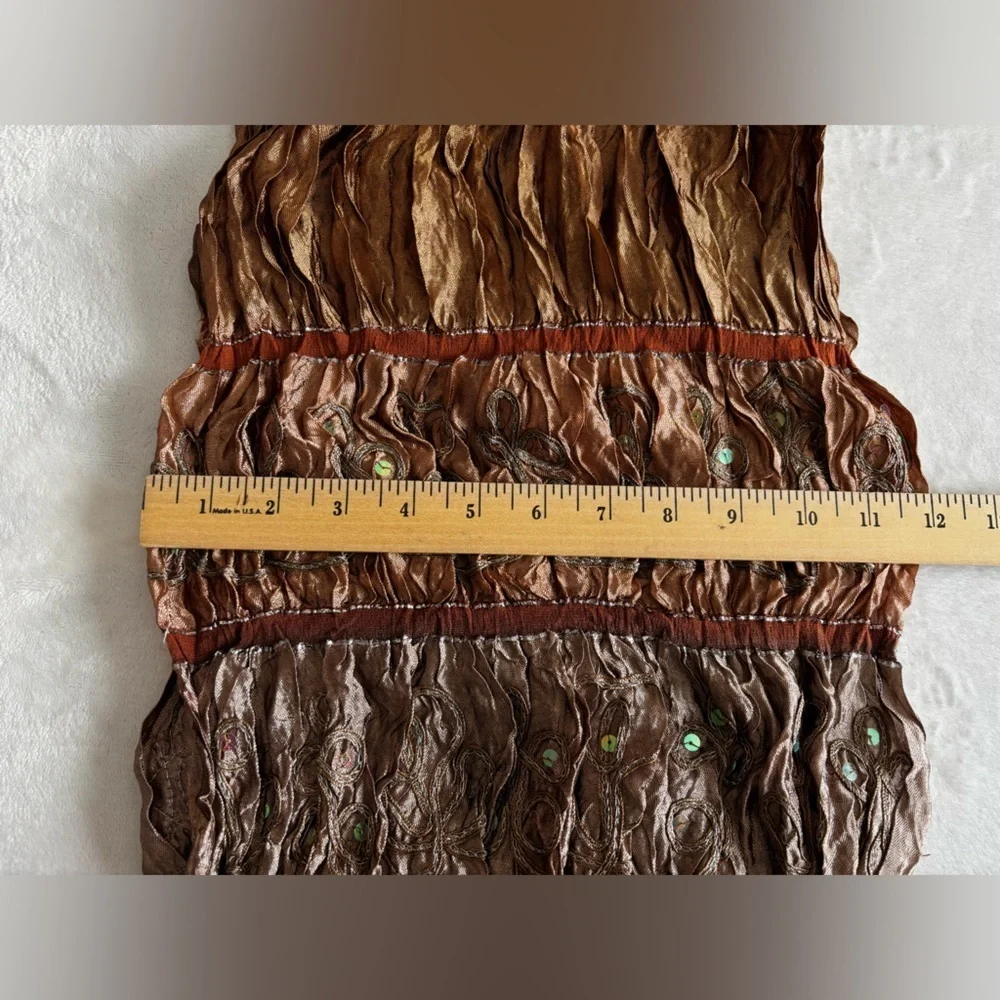 Elegant Crinkled Scarf  Brown and Tan Embroidered Silk OS